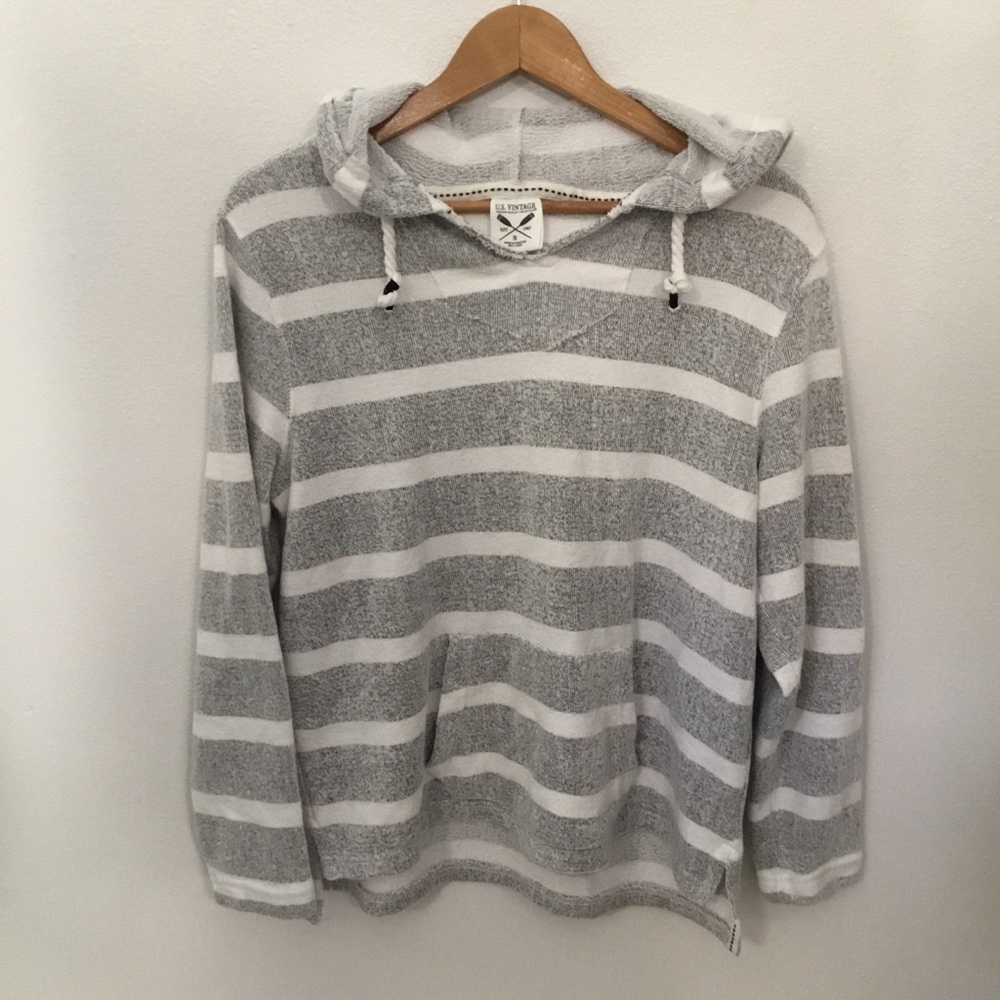 US Vintage Oversize Small Gray White Stripe Nautical Pullover Hoodie